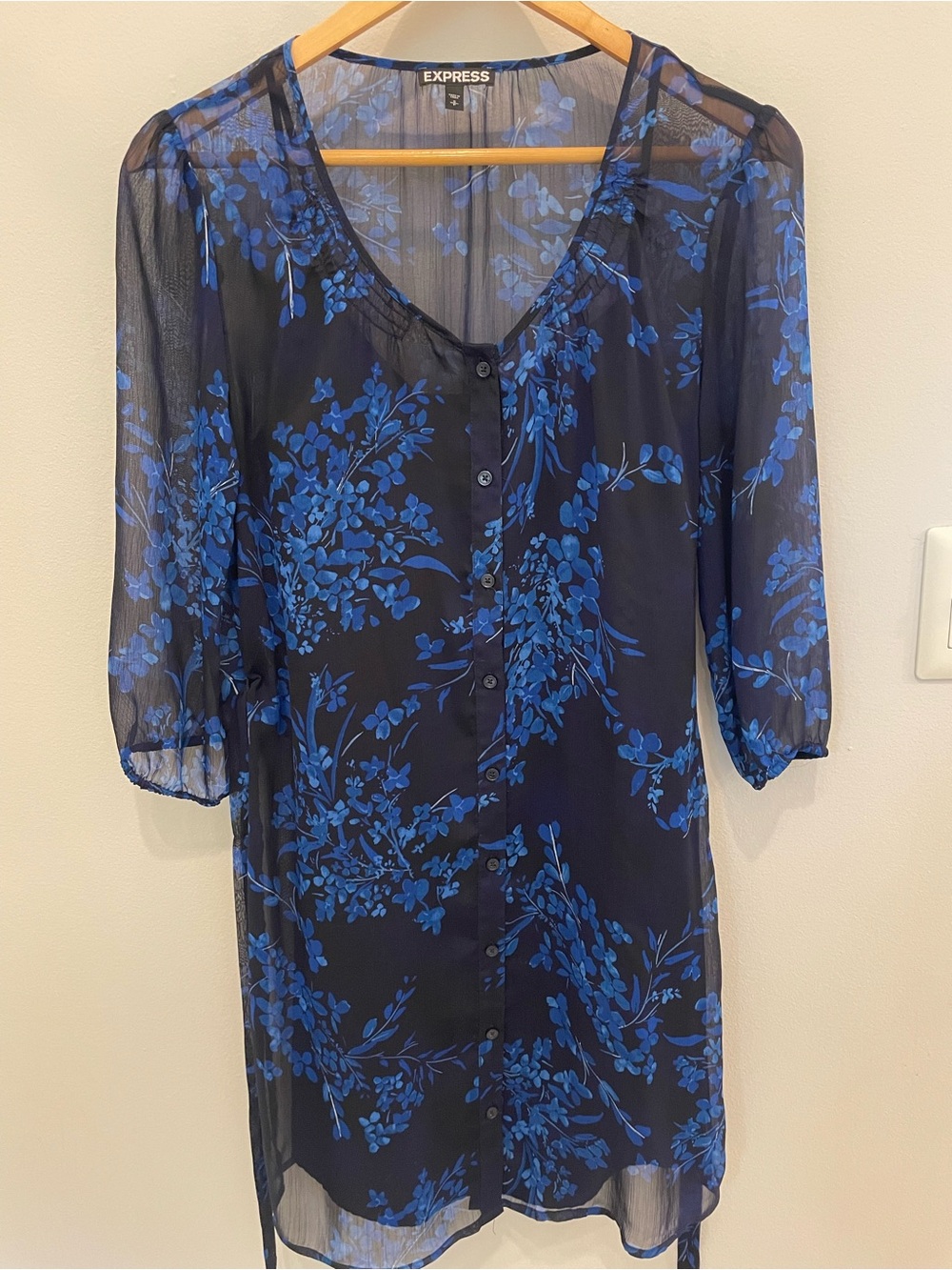 Express Navy Sheer Dress with Blue Floral Print
